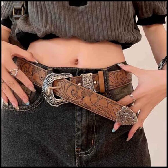 Faux Leather Western Belt with Buckle Adjustable for Women
